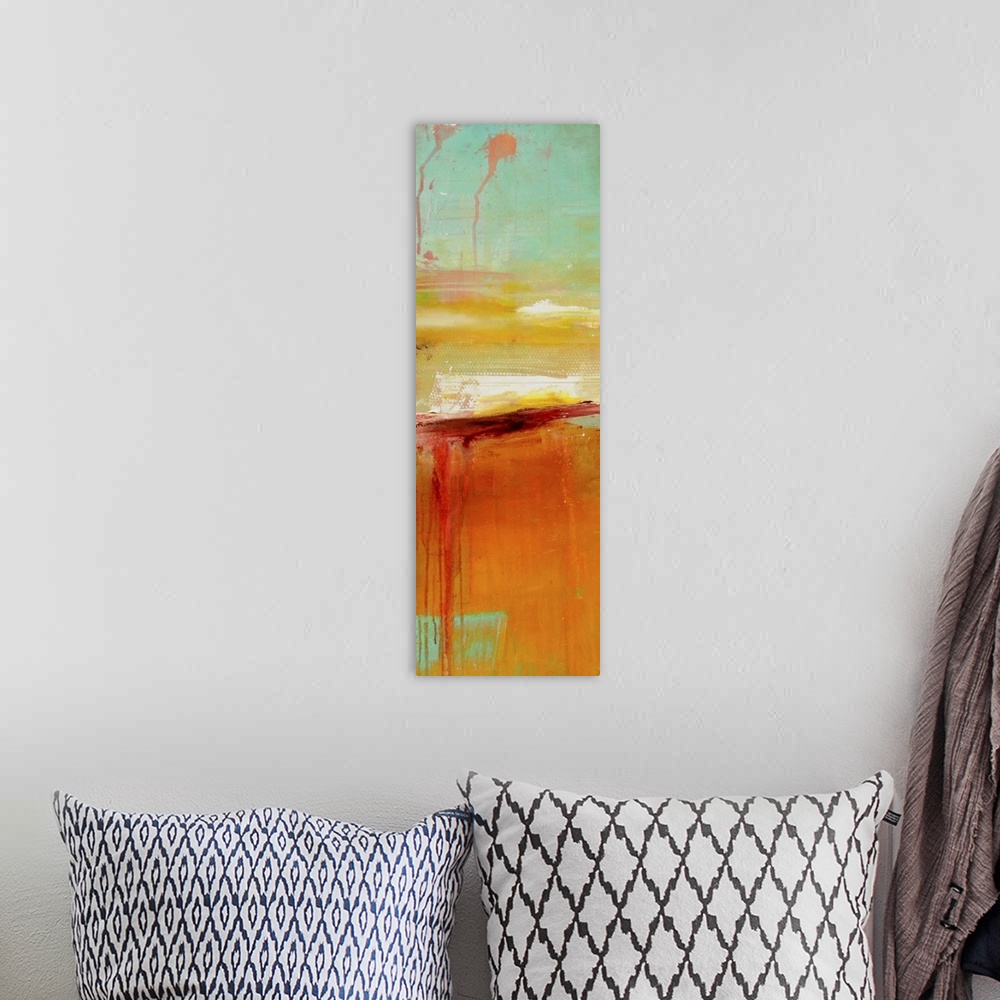 A bohemian room featuring Giant, vertical abstract painting in an assortment of colors with smooth areas and some larger, b...