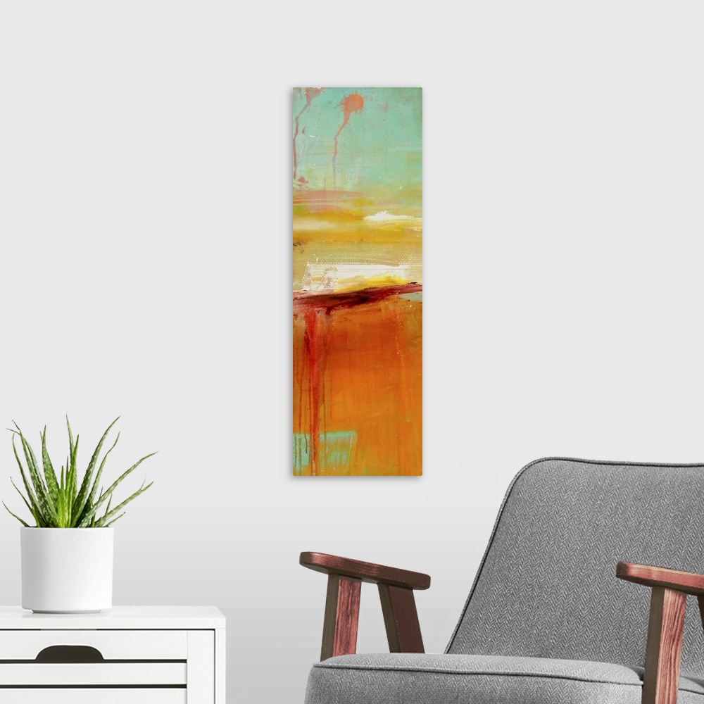 A modern room featuring Giant, vertical abstract painting in an assortment of colors with smooth areas and some larger, b...