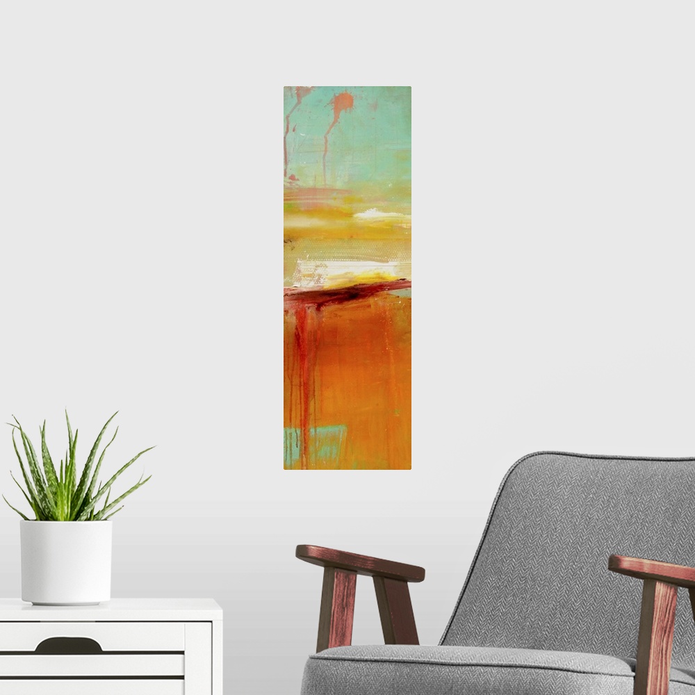 A modern room featuring Giant, vertical abstract painting in an assortment of colors with smooth areas and some larger, b...
