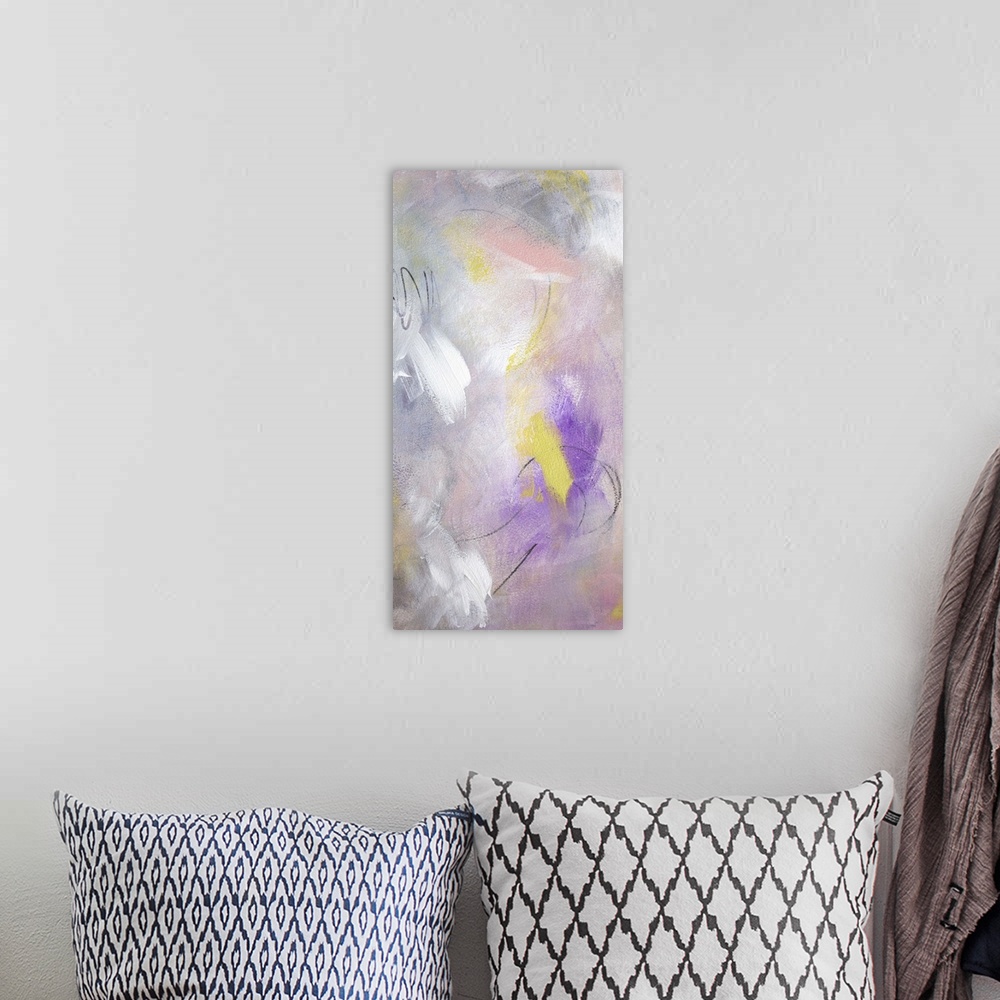 A bohemian room featuring Contemporary abstract painting in white and yellow with bright purple.