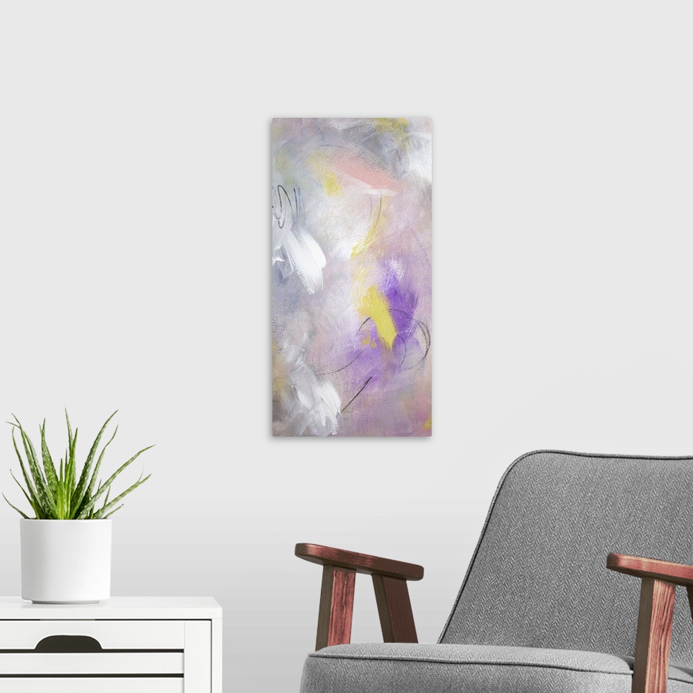 A modern room featuring Contemporary abstract painting in white and yellow with bright purple.
