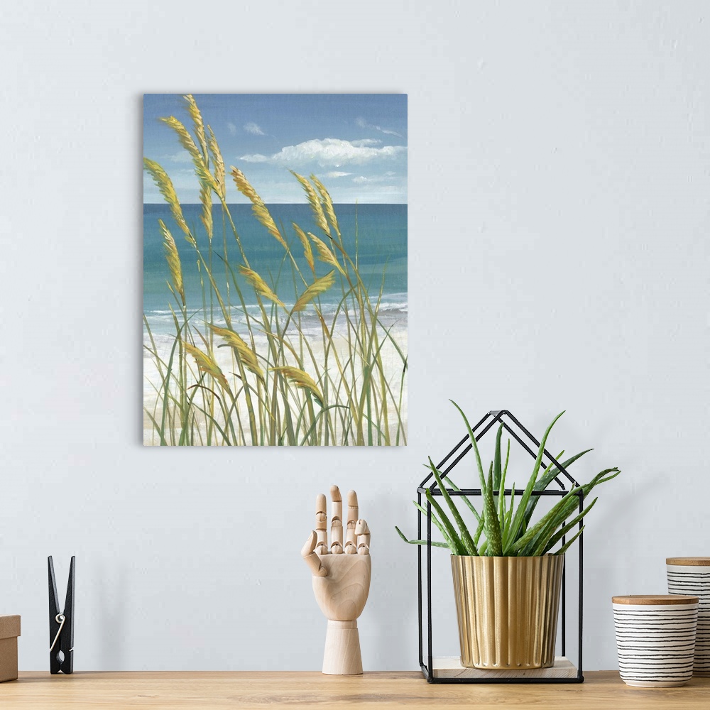A bohemian room featuring Contemporary painting of beach grasses swaying in the wind.
