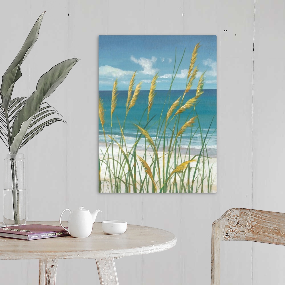 A farmhouse room featuring Contemporary painting of beach grasses swaying in the wind.