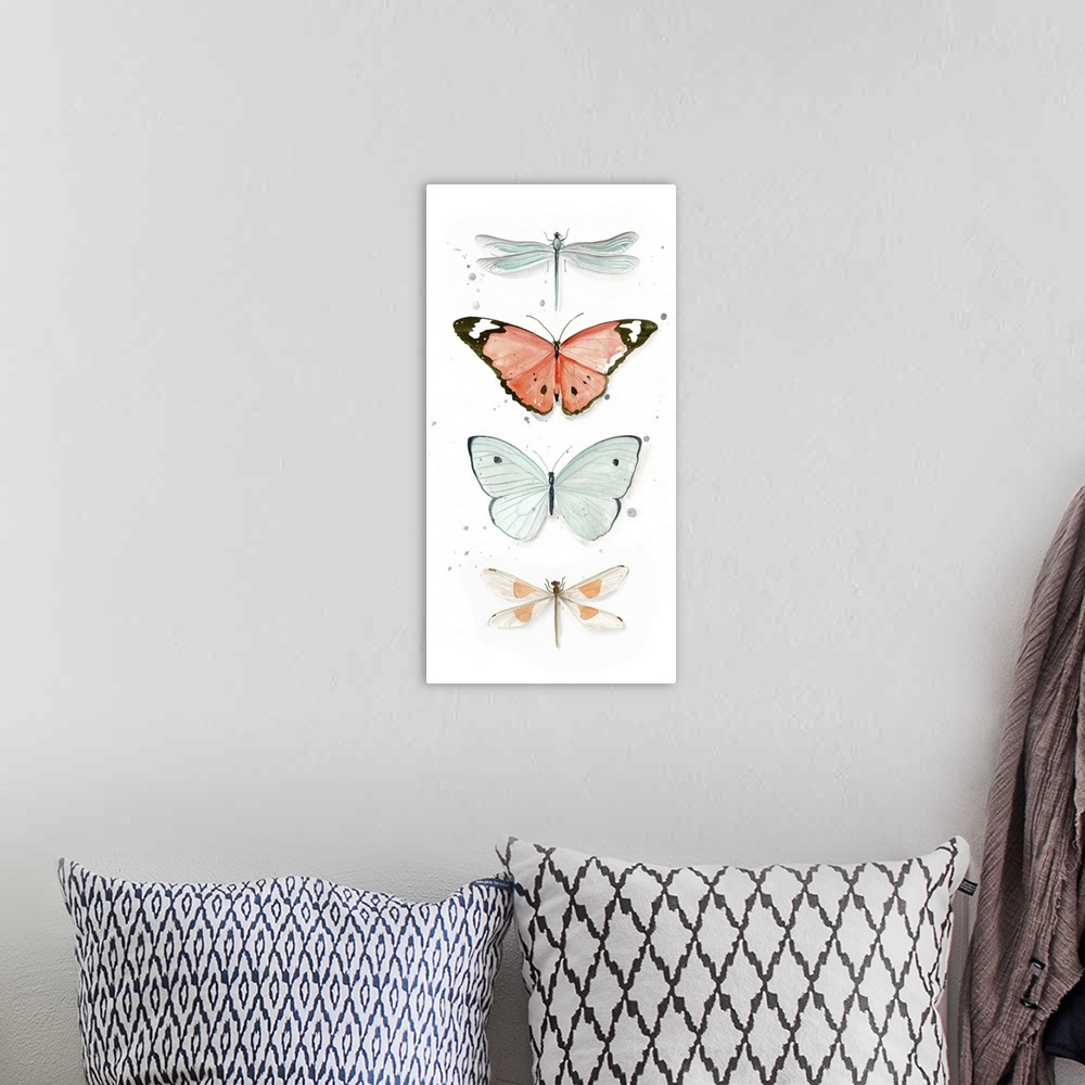 A bohemian room featuring Watercolor painting of a row of colorful butterflies with overlaying light gray splatters.