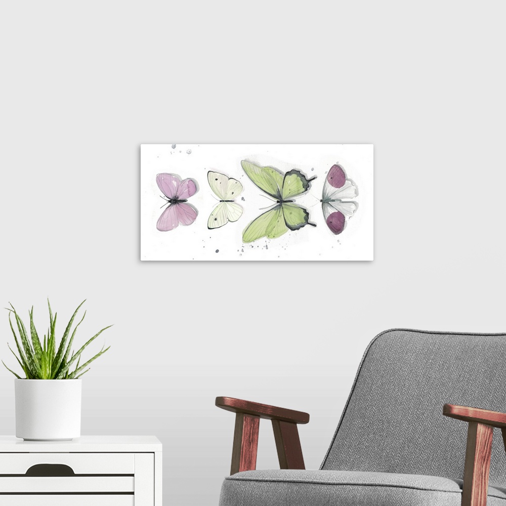 A modern room featuring Watercolor painting of a row of colorful butterflies with overlaying light gray splatters.