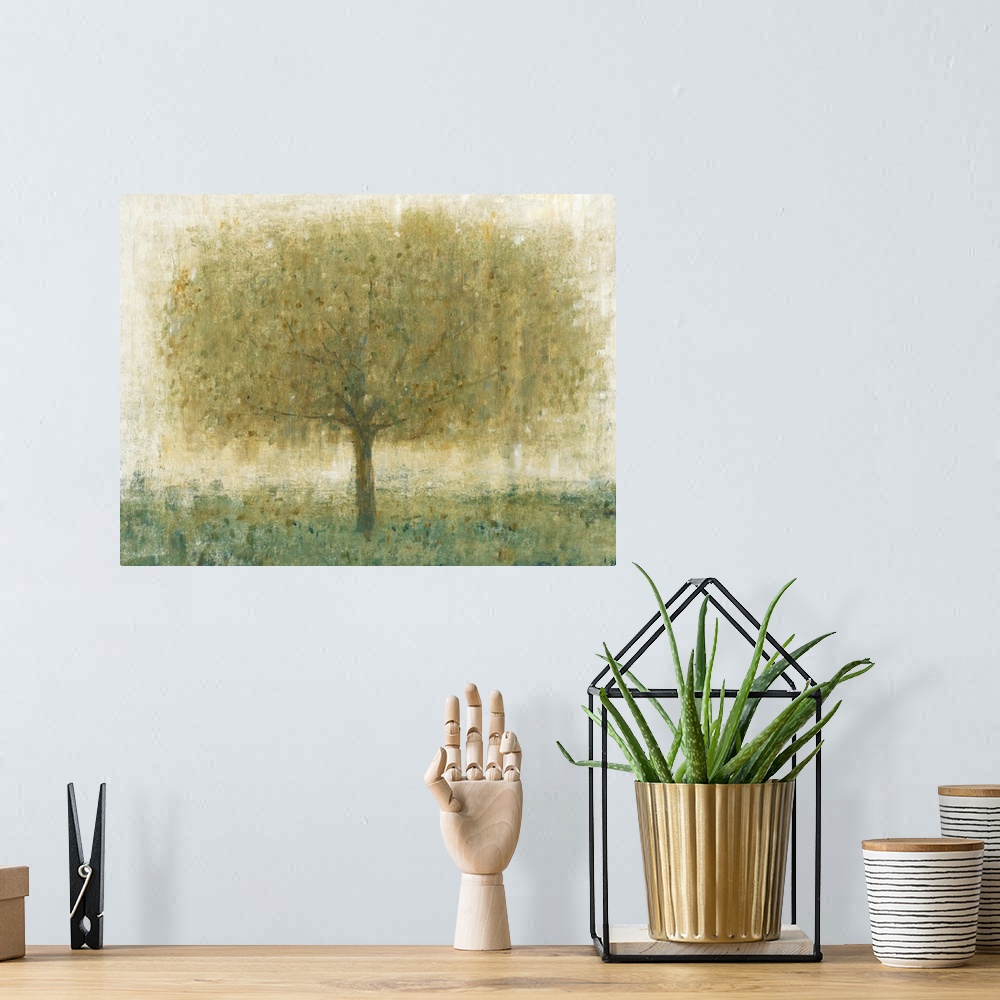 A bohemian room featuring Contemporary painting of a tree with dense leafy branches.
