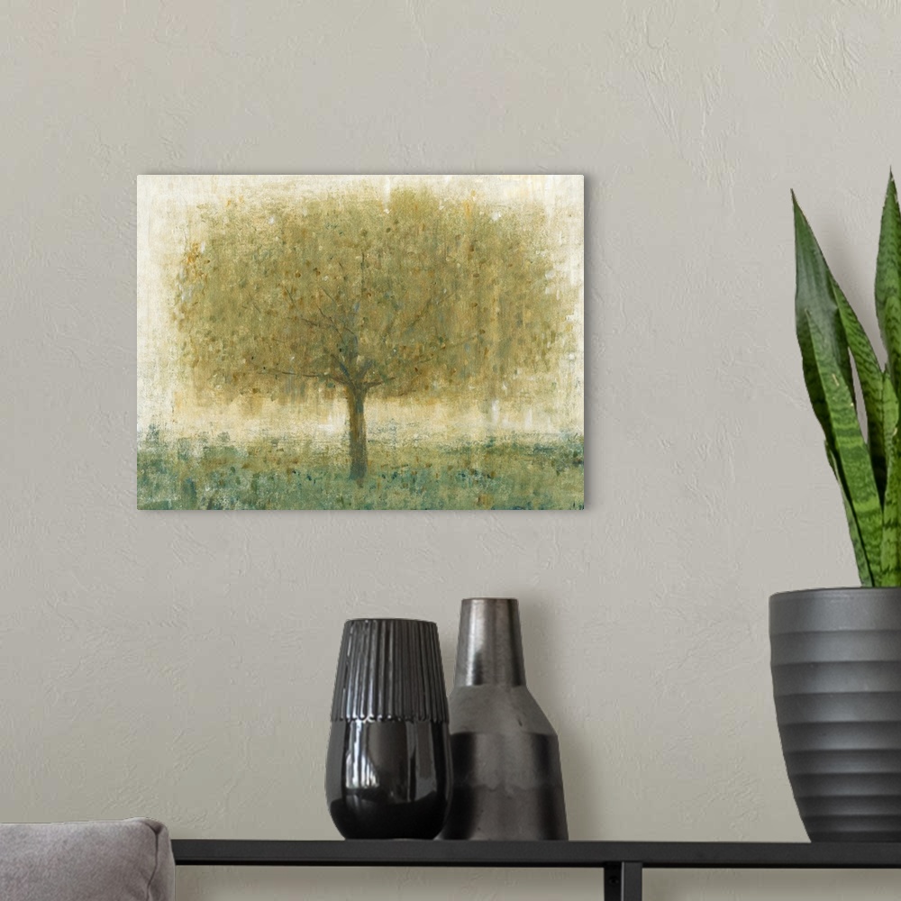 A modern room featuring Contemporary painting of a tree with dense leafy branches.
