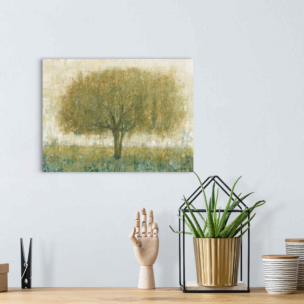 A bohemian room featuring Contemporary painting of a tree with dense leafy branches.