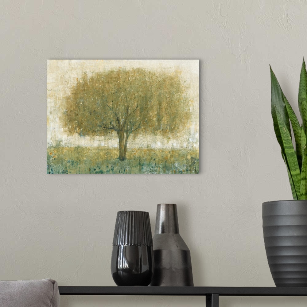 A modern room featuring Contemporary painting of a tree with dense leafy branches.