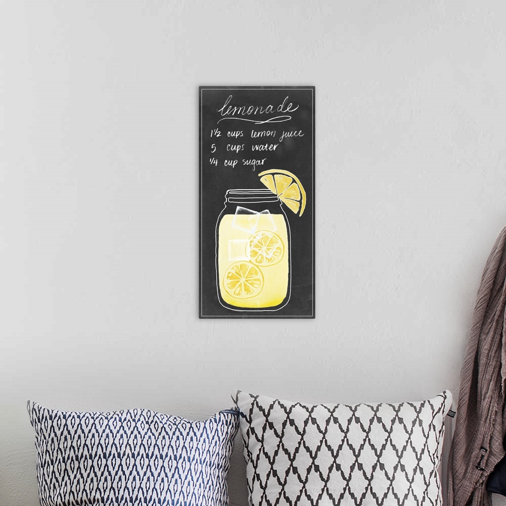 A bohemian room featuring Contemporary artwork fora drink recipe using vibrant colors and fruit illustrations.