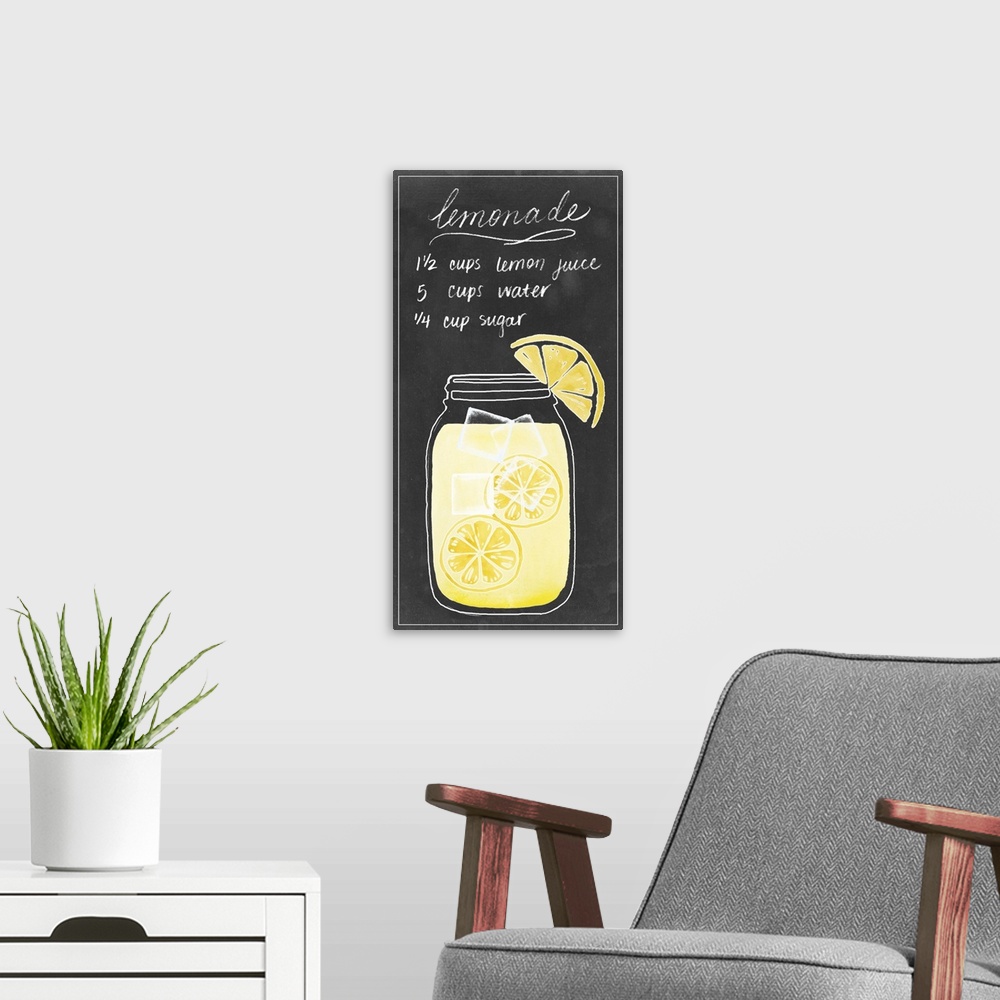 A modern room featuring Contemporary artwork fora drink recipe using vibrant colors and fruit illustrations.