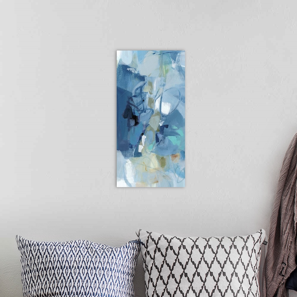 A bohemian room featuring Abstract painting using a variety of blue tones.
