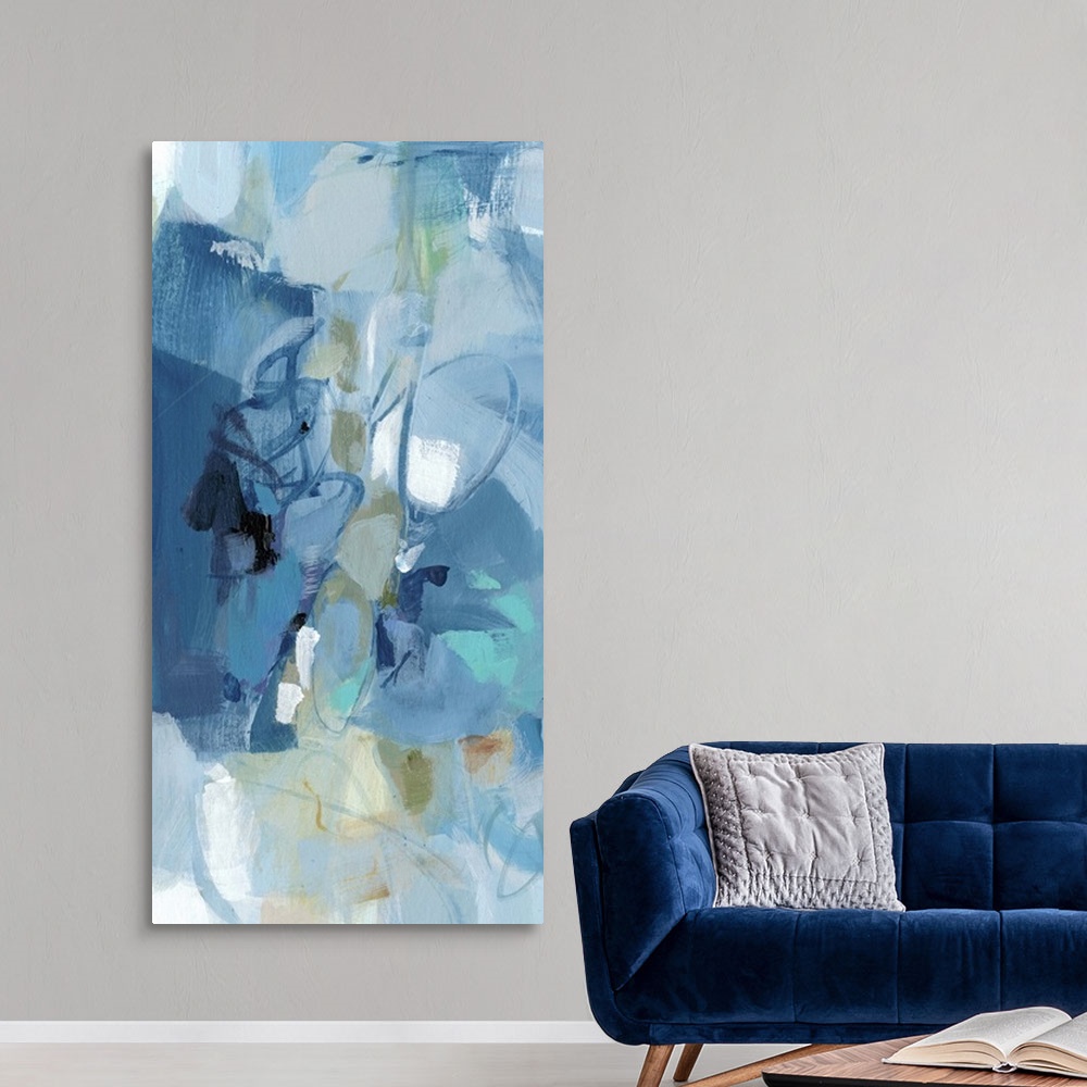 A modern room featuring Abstract painting using a variety of blue tones.