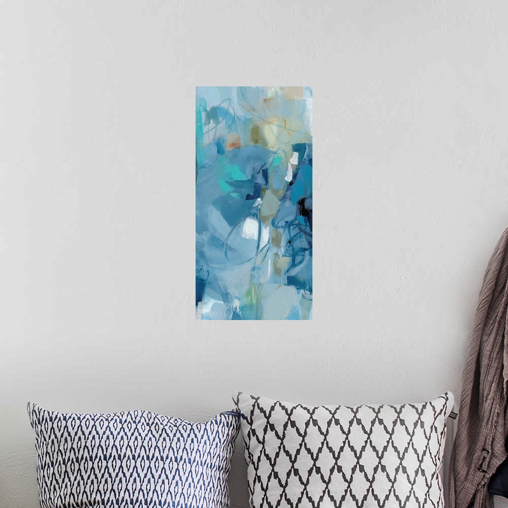 A bohemian room featuring Abstract painting using a variety of blue tones.