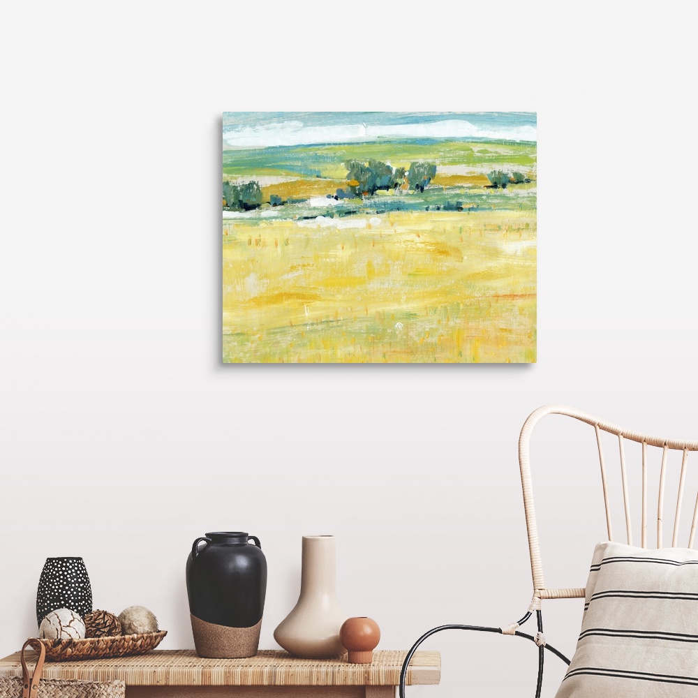 A farmhouse room featuring This contemporary artwork features long horizontal and short vertical brush strokes to create rol...