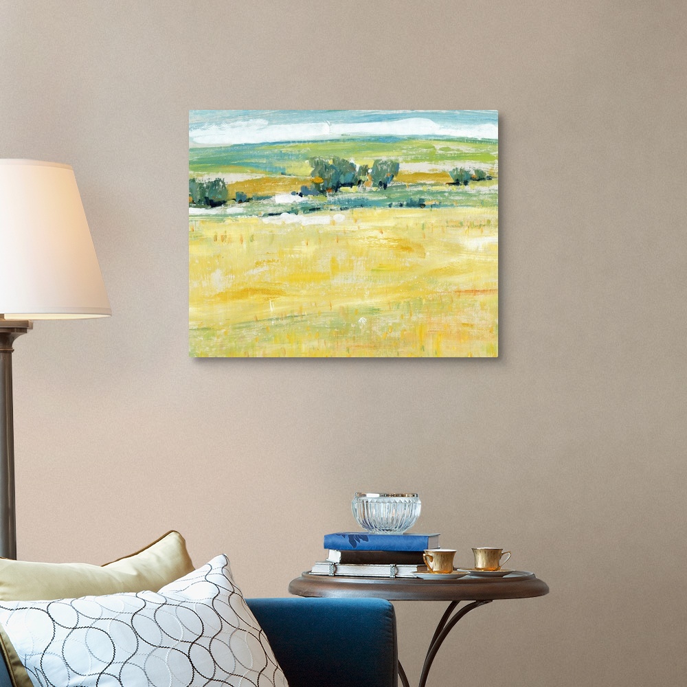 A traditional room featuring This contemporary artwork features long horizontal and short vertical brush strokes to create rol...