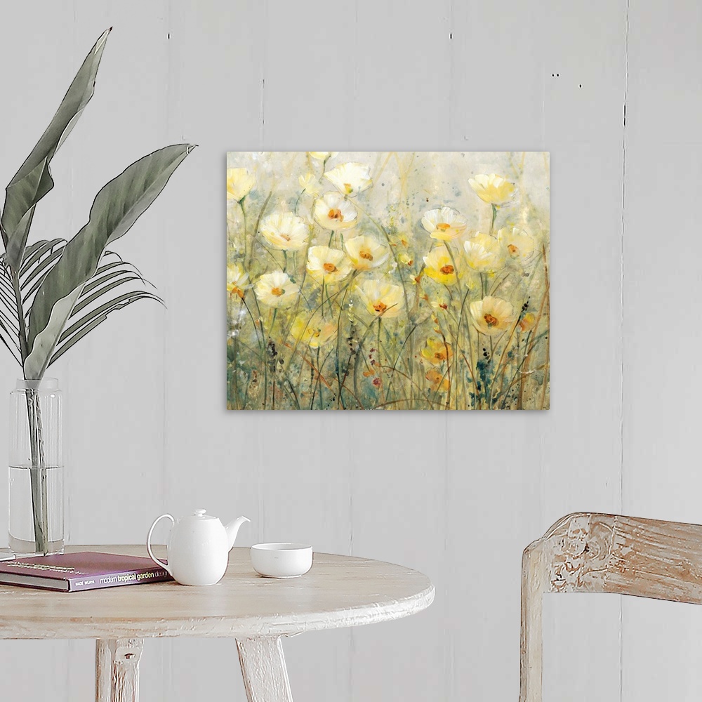 A farmhouse room featuring Contemporary painting of several yellow flowers growing in a field.
