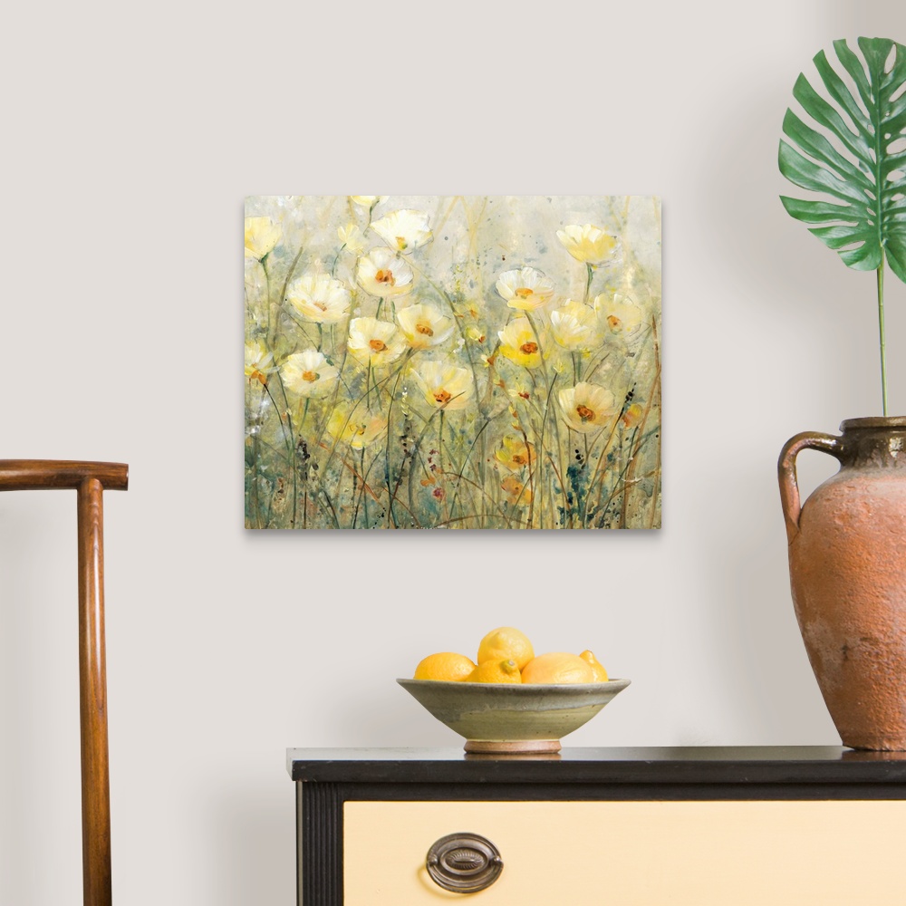 A traditional room featuring Contemporary painting of several yellow flowers growing in a field.