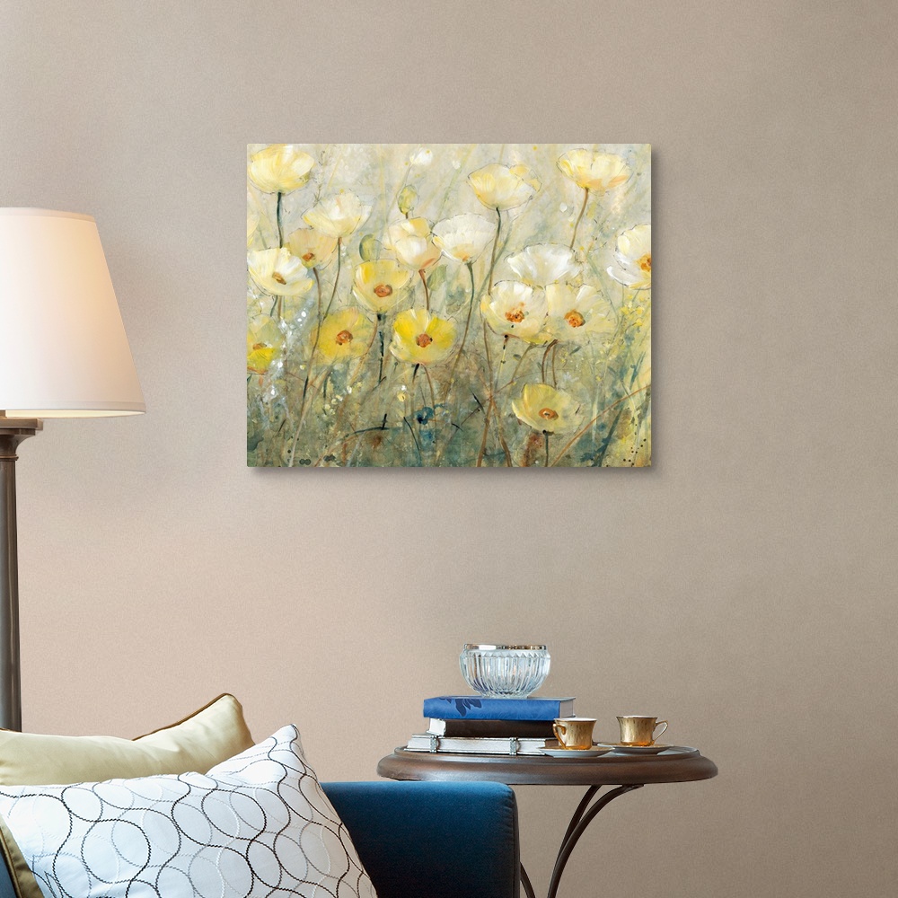 A traditional room featuring Contemporary painting of several yellow flowers growing in a field.