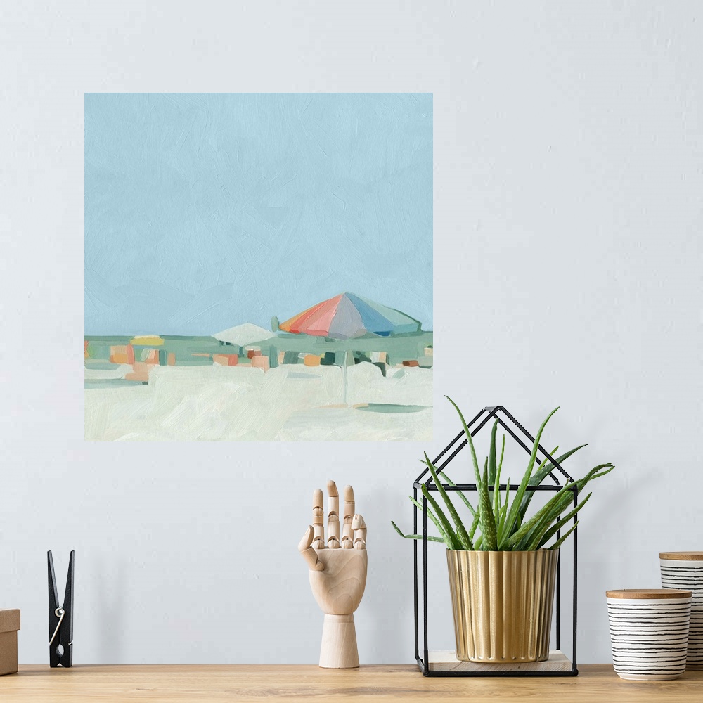 A bohemian room featuring Abstracted beach scene in pastel colors.