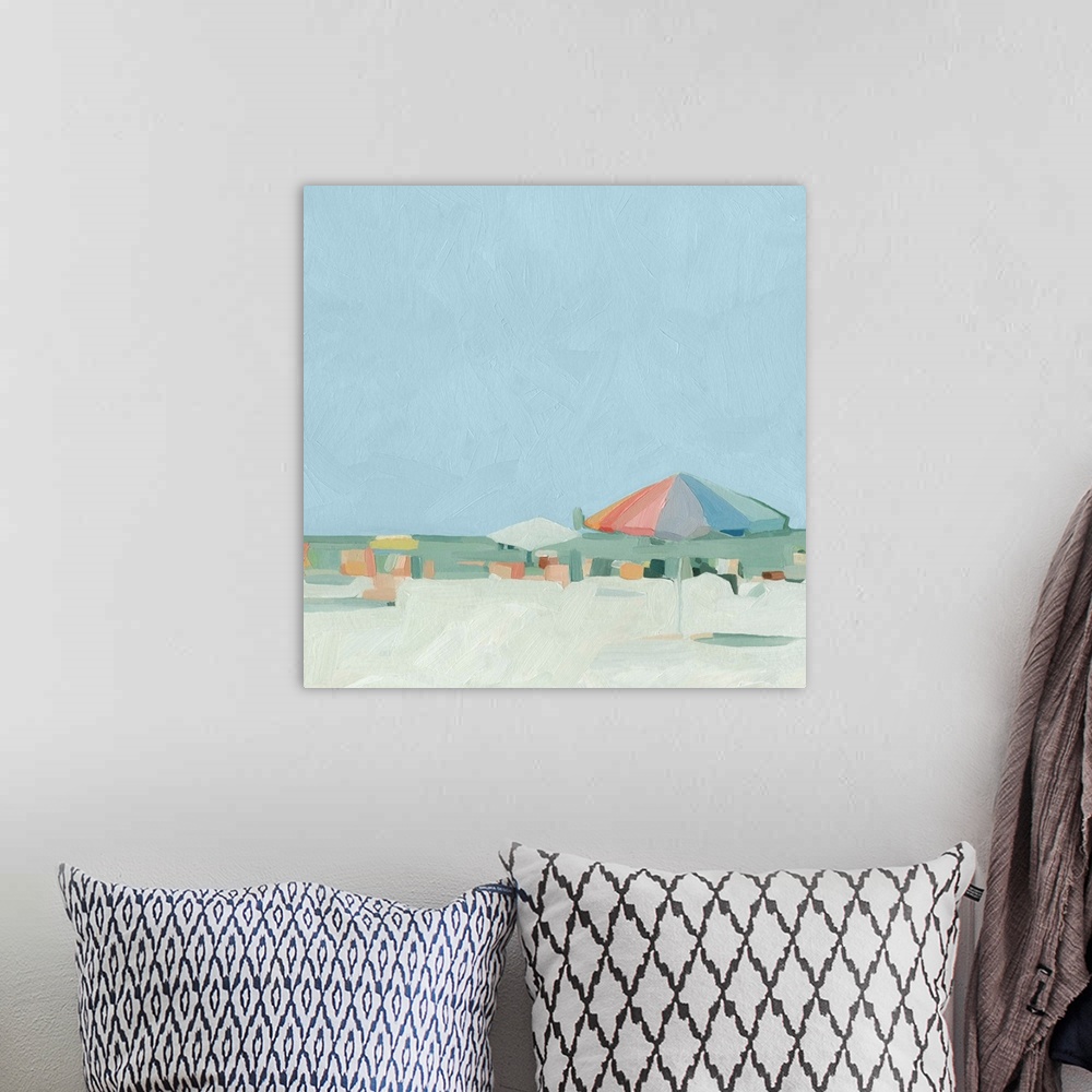 A bohemian room featuring Abstracted beach scene in pastel colors.