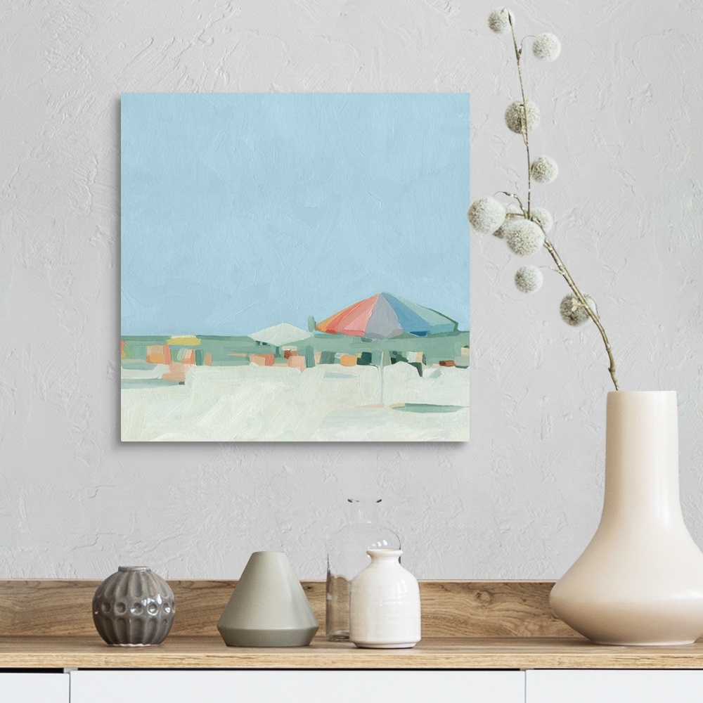 A farmhouse room featuring Abstracted beach scene in pastel colors.