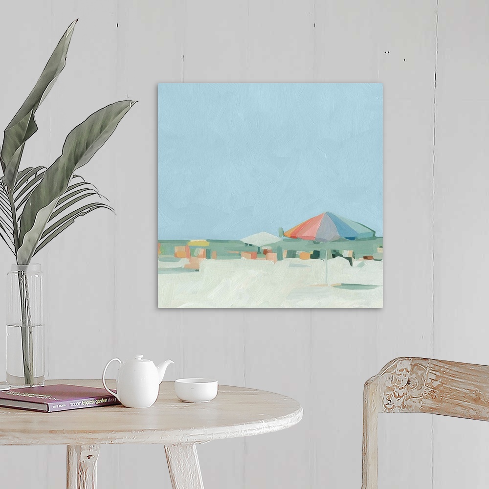 A farmhouse room featuring Abstracted beach scene in pastel colors.
