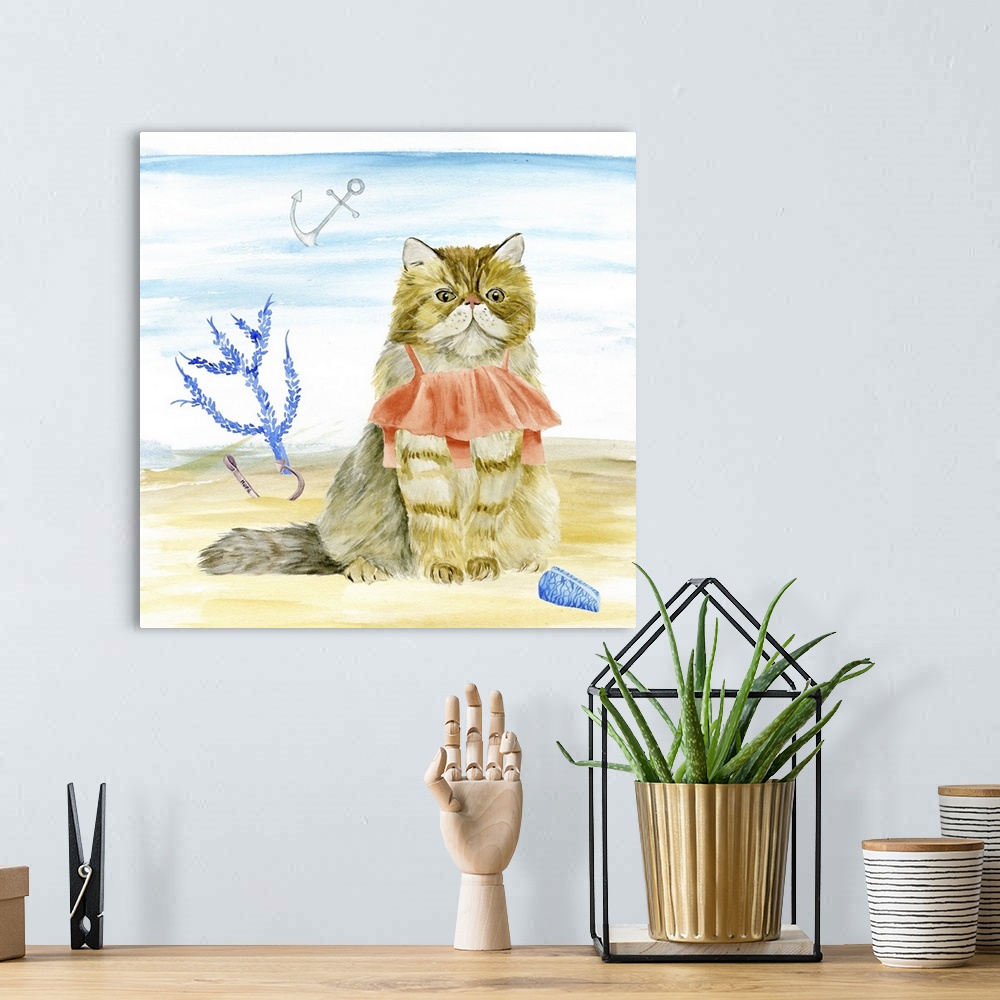 A bohemian room featuring Decorative square painting of a cat wearing a bathing suit on beach.