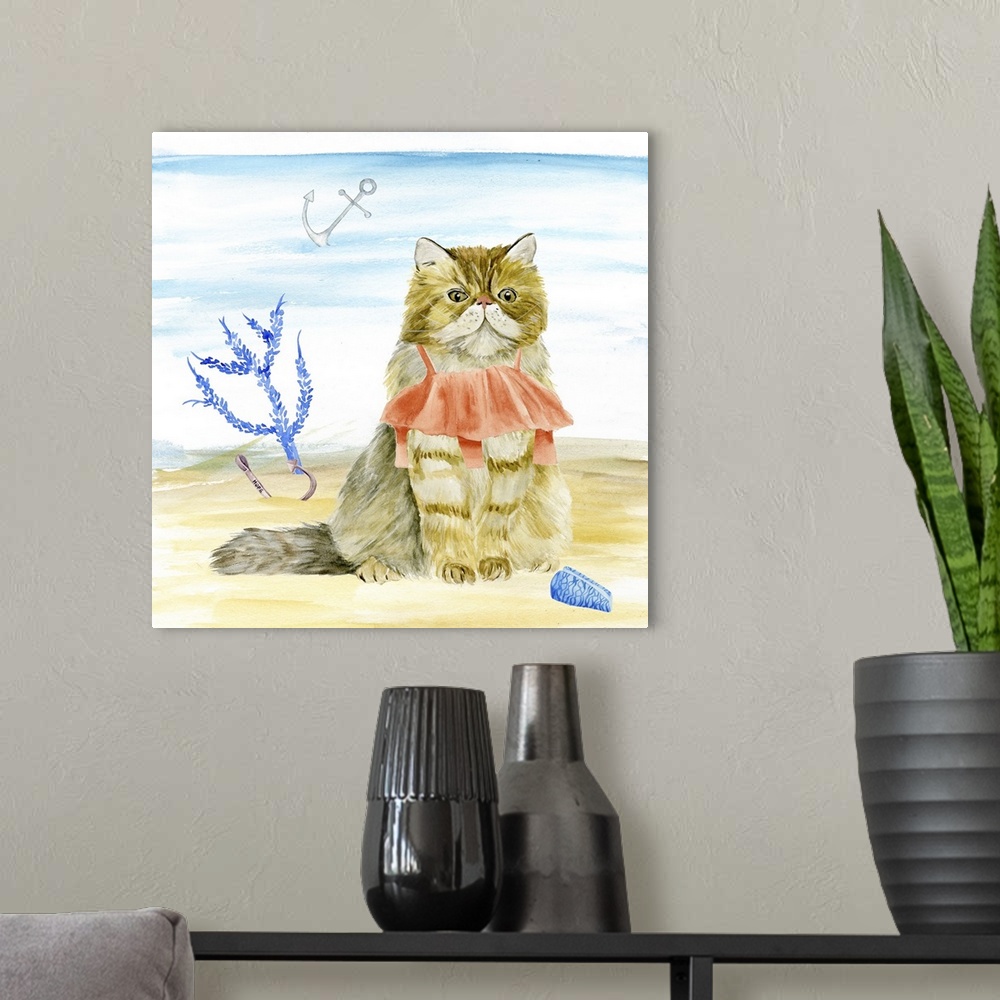 A modern room featuring Decorative square painting of a cat wearing a bathing suit on beach.
