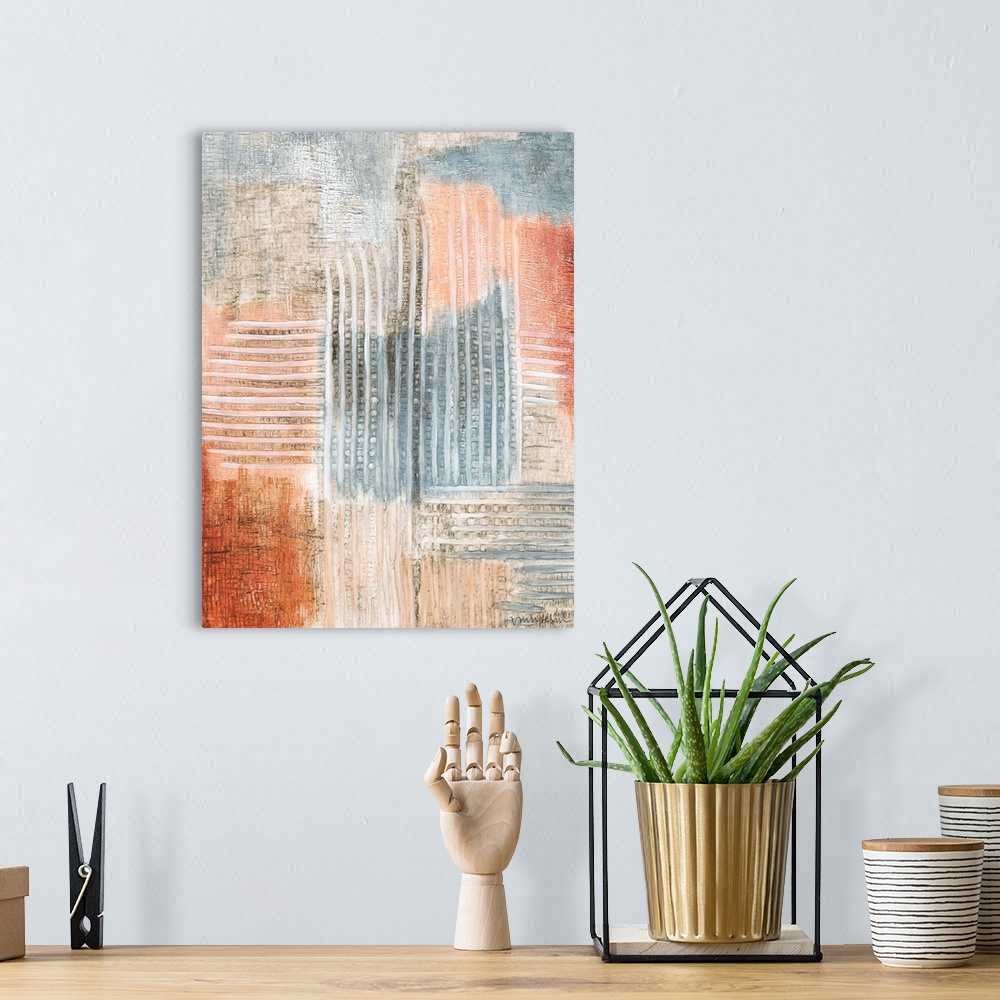 A bohemian room featuring Contemporary abstract artwork with streaks and texture, resembling rust.