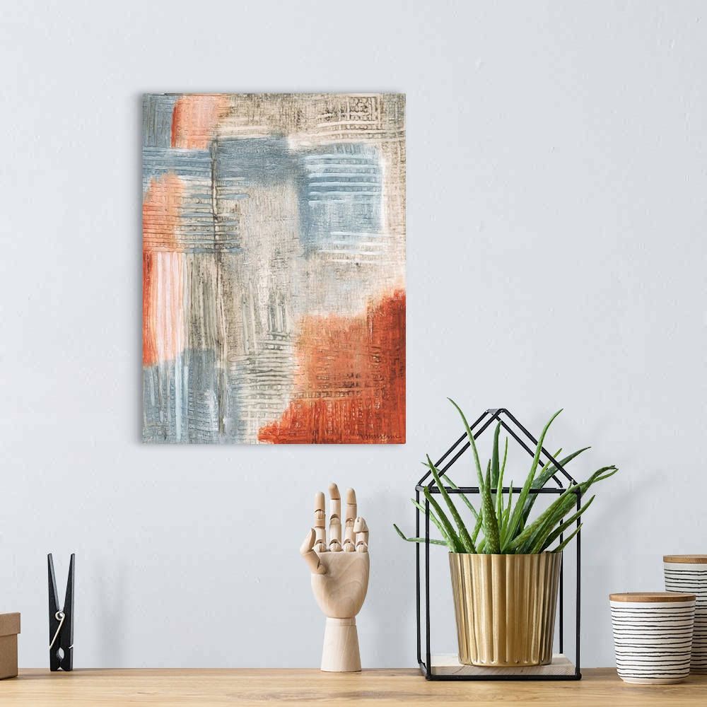 A bohemian room featuring Contemporary abstract artwork with streaks and texture, resembling rust.