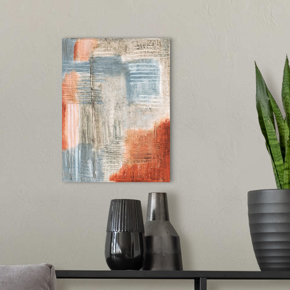A modern room featuring Contemporary abstract artwork with streaks and texture, resembling rust.