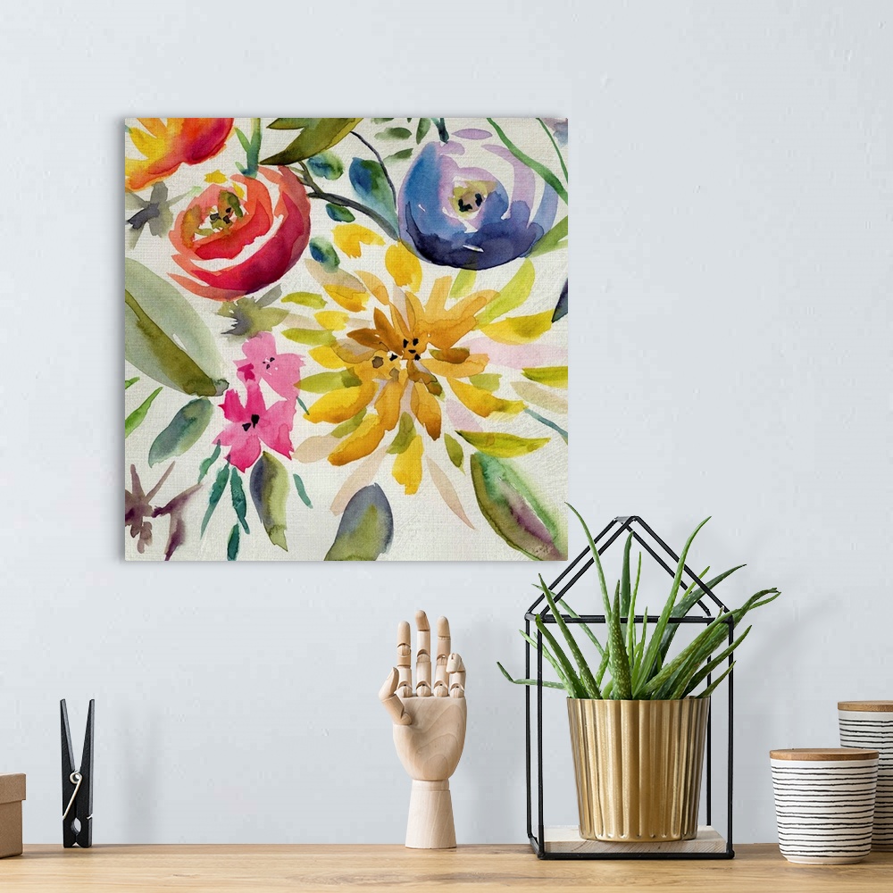 A bohemian room featuring Vibrant Summer flowers painted on a white square background.