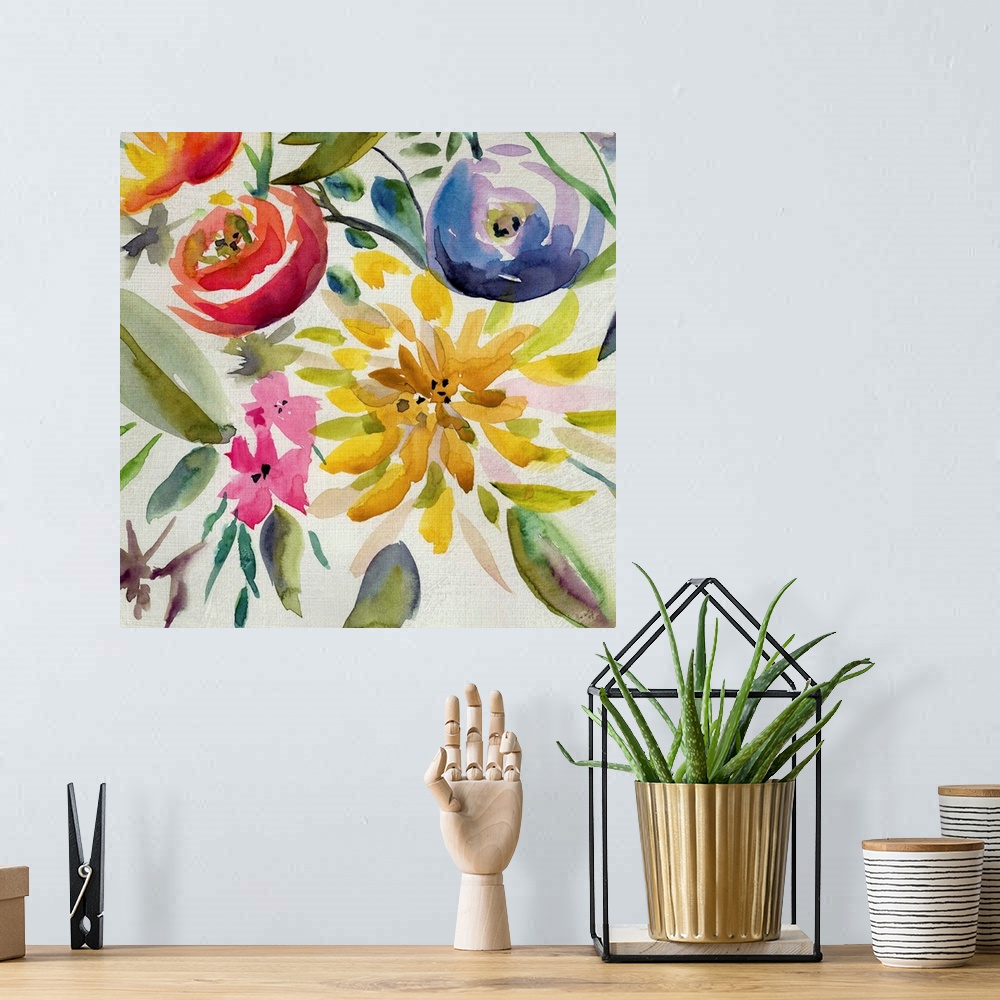 A bohemian room featuring Vibrant Summer flowers painted on a white square background.
