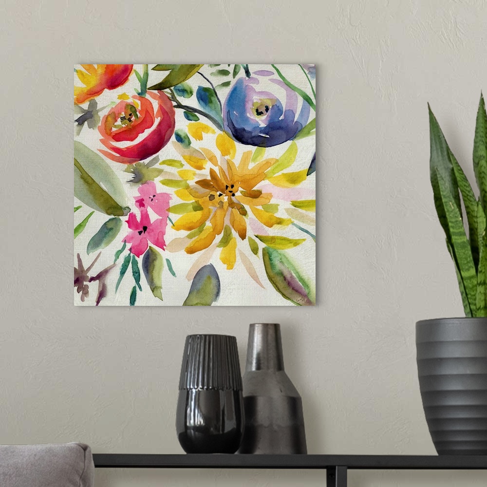 A modern room featuring Vibrant Summer flowers painted on a white square background.