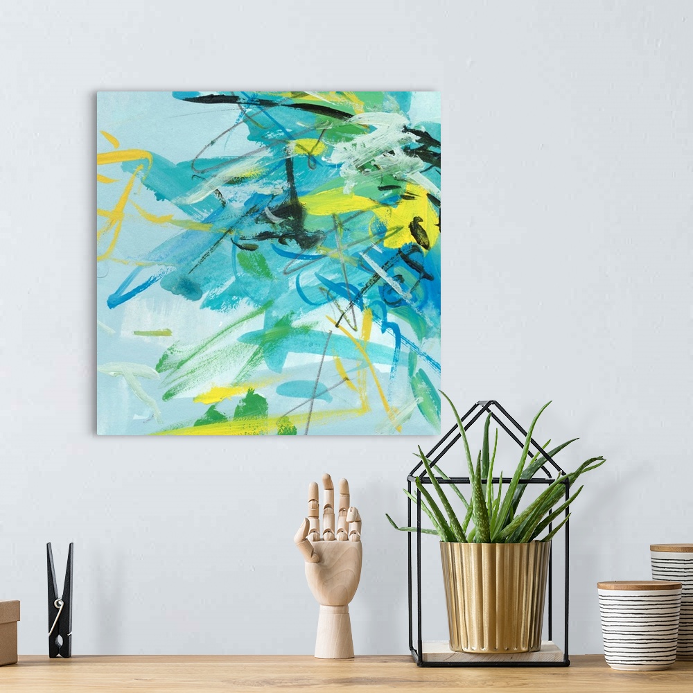A bohemian room featuring Bright blue and green brustrokes come together to construct this painted summer symphony.