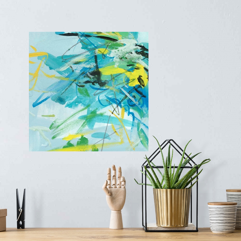 A bohemian room featuring Bright blue and green brustrokes come together to construct this painted summer symphony.
