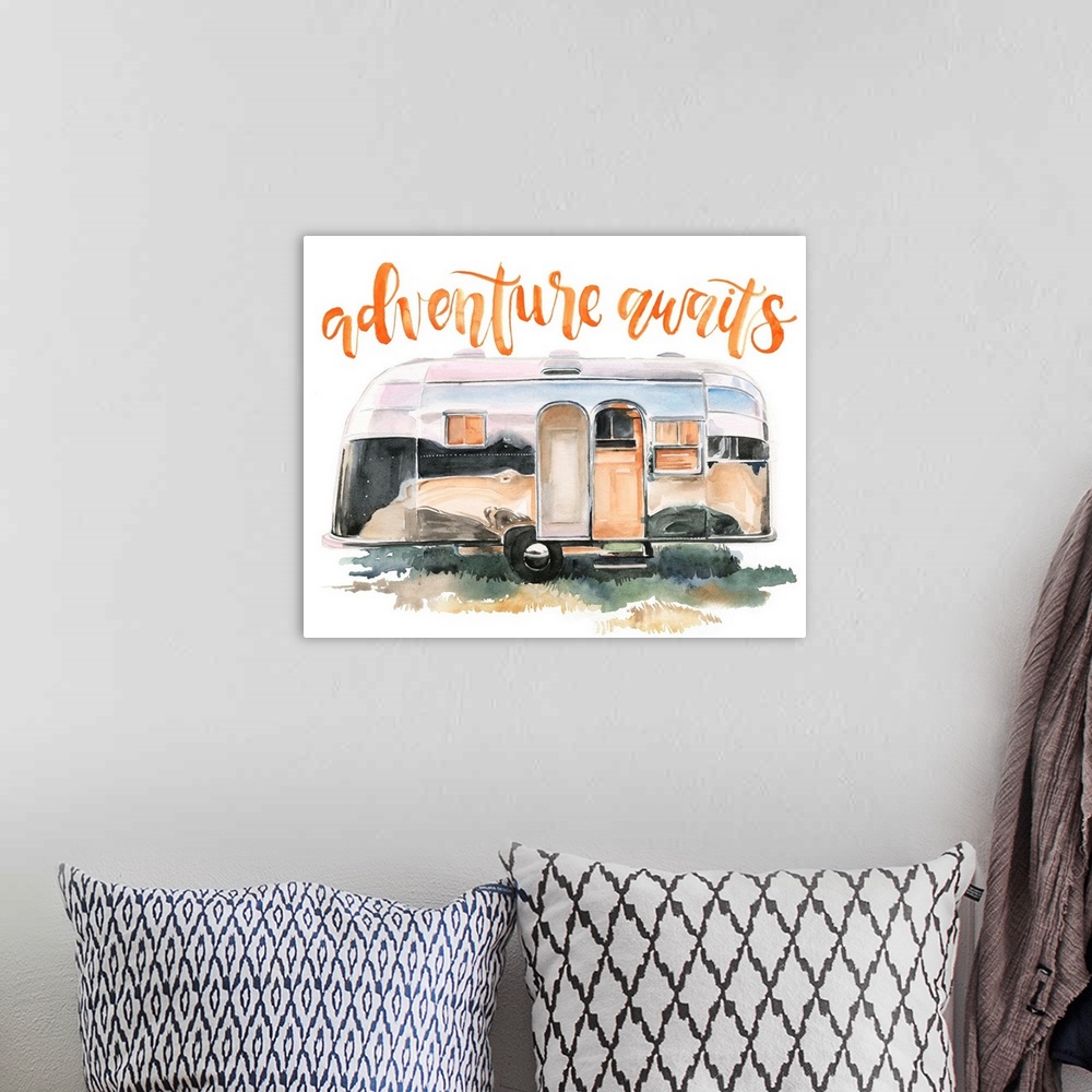 A bohemian room featuring Fun watercolor painting of a caravan with text "Adventure awaits."