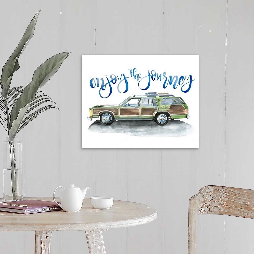 A farmhouse room featuring Fun watercolor painting of an old car with text "Enjoy the journey."
