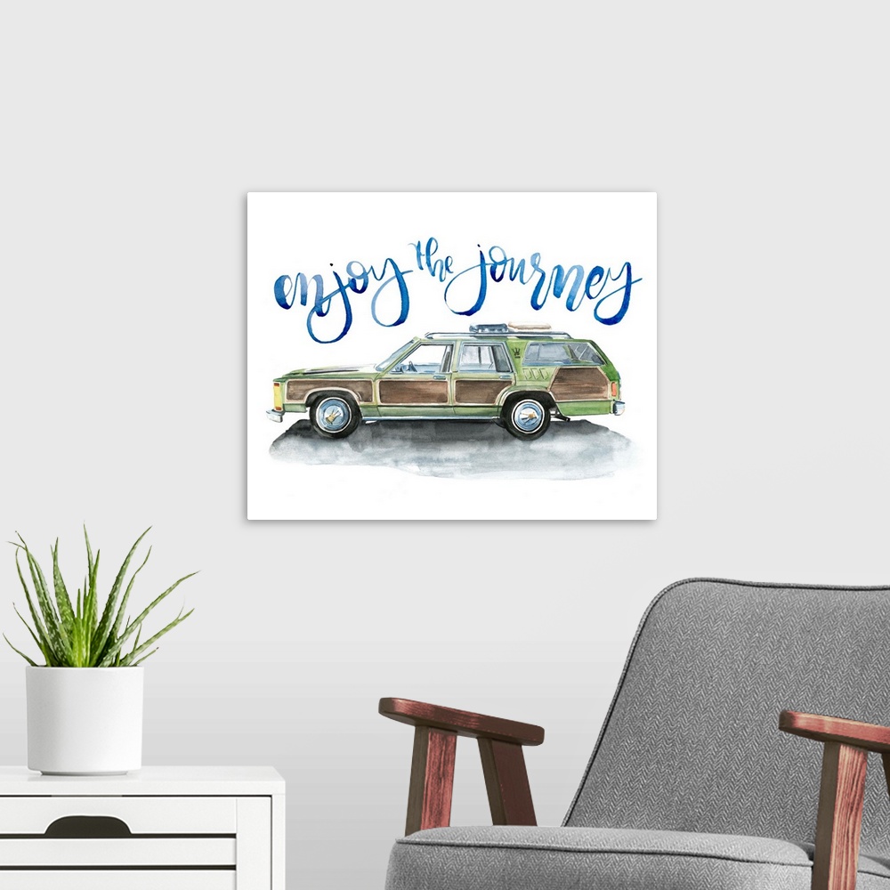A modern room featuring Fun watercolor painting of an old car with text "Enjoy the journey."
