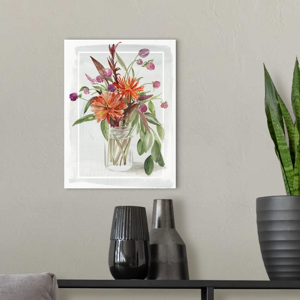 A modern room featuring Watercolor painting of a bouquet of summer flowers in a glass jar, with a thin white border.