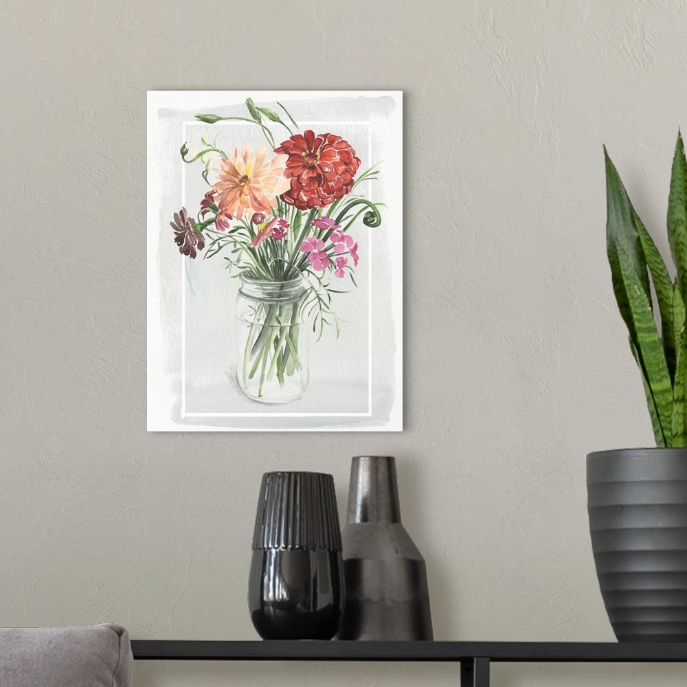 A modern room featuring Watercolor painting of a bouquet of summer flowers in a glass jar, with a thin white border.