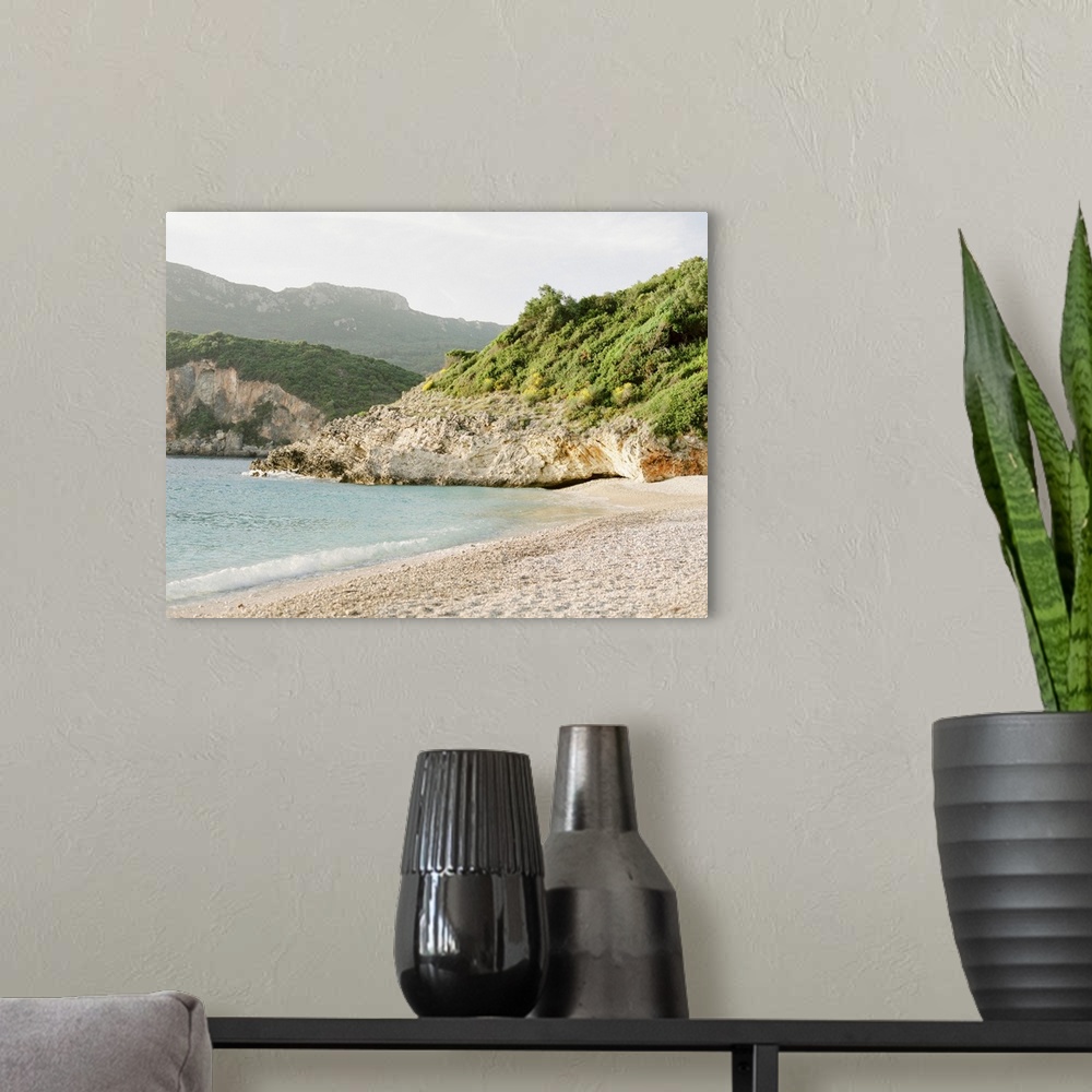 A modern room featuring Photograph of a rocky beach, Corfu, Greece.