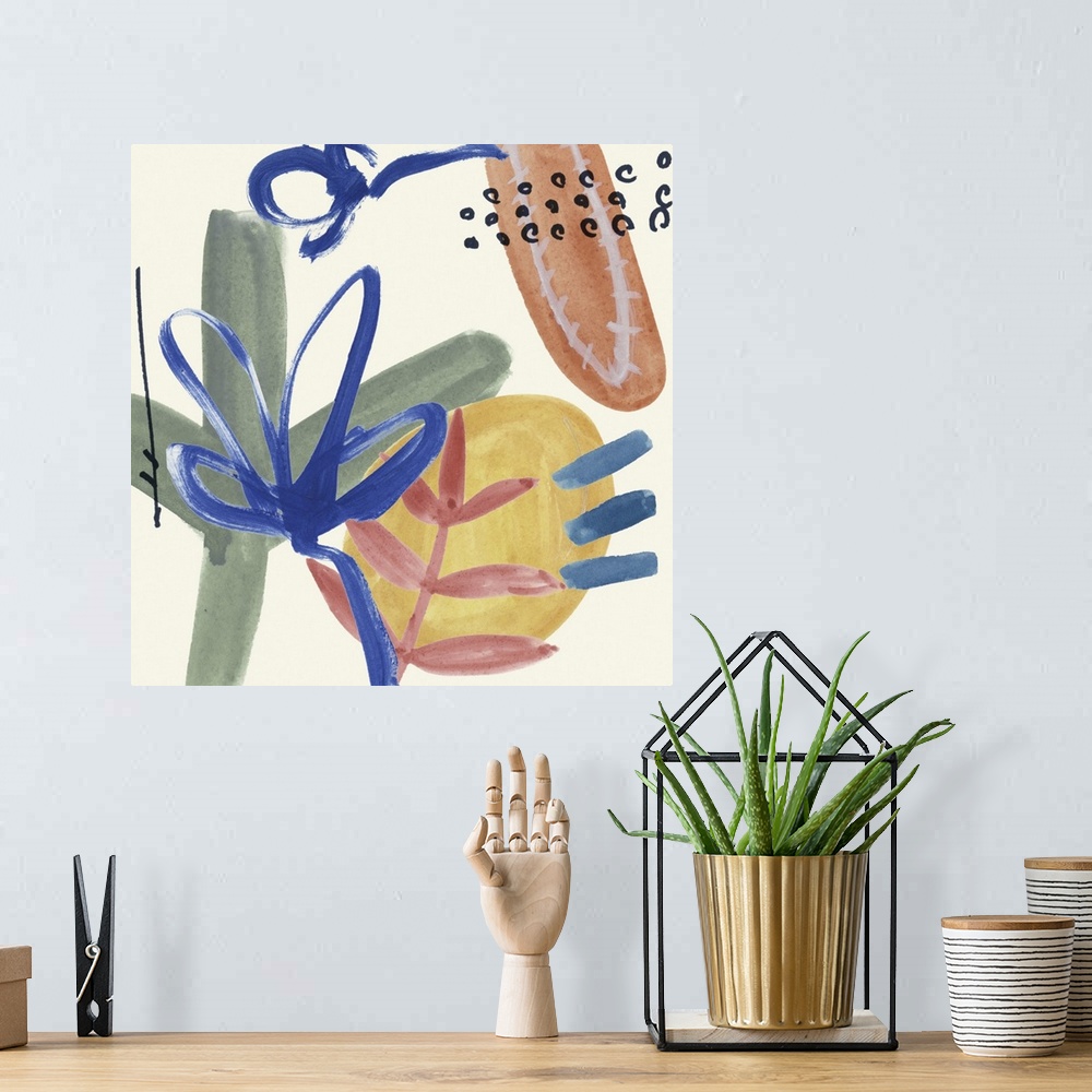 A bohemian room featuring Whimsical abstract painting of various multi-colored shapes and floral patterns.