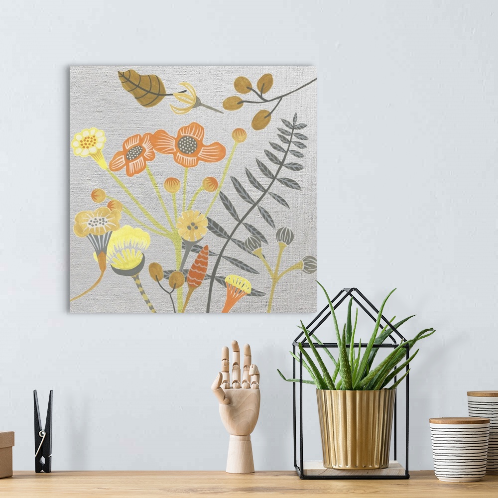 A bohemian room featuring Artistic painting of wild flowers done in warm citrus colors on a gray linen textured backdrop.