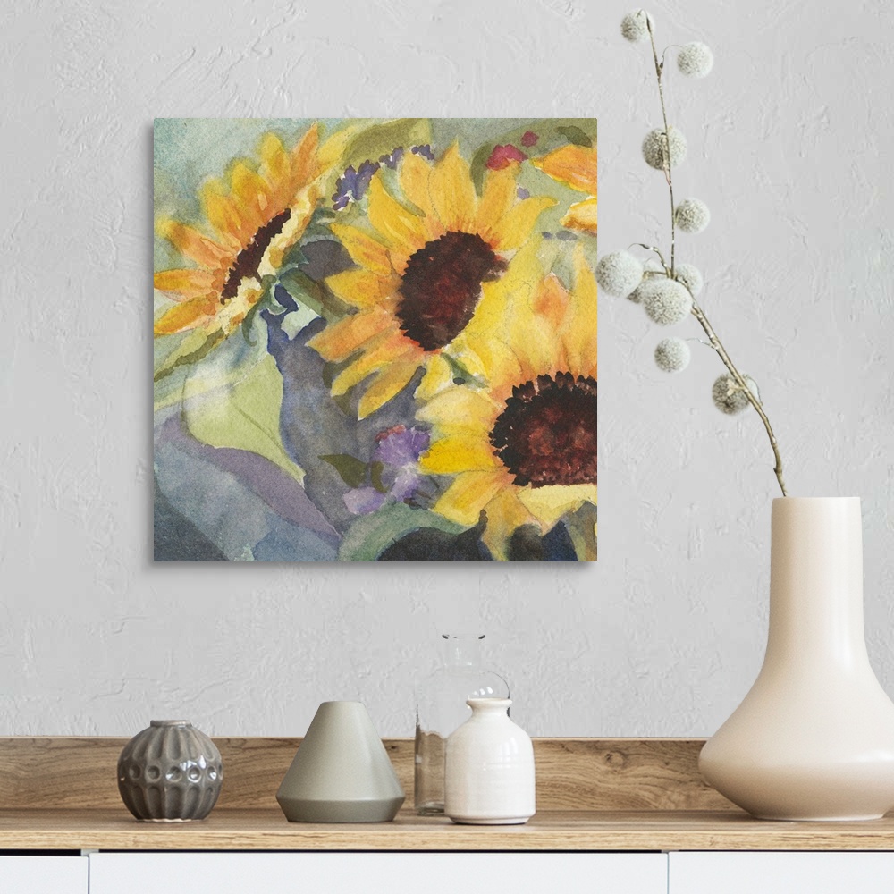 A farmhouse room featuring Square watercolor painting of large sunflower blooms.