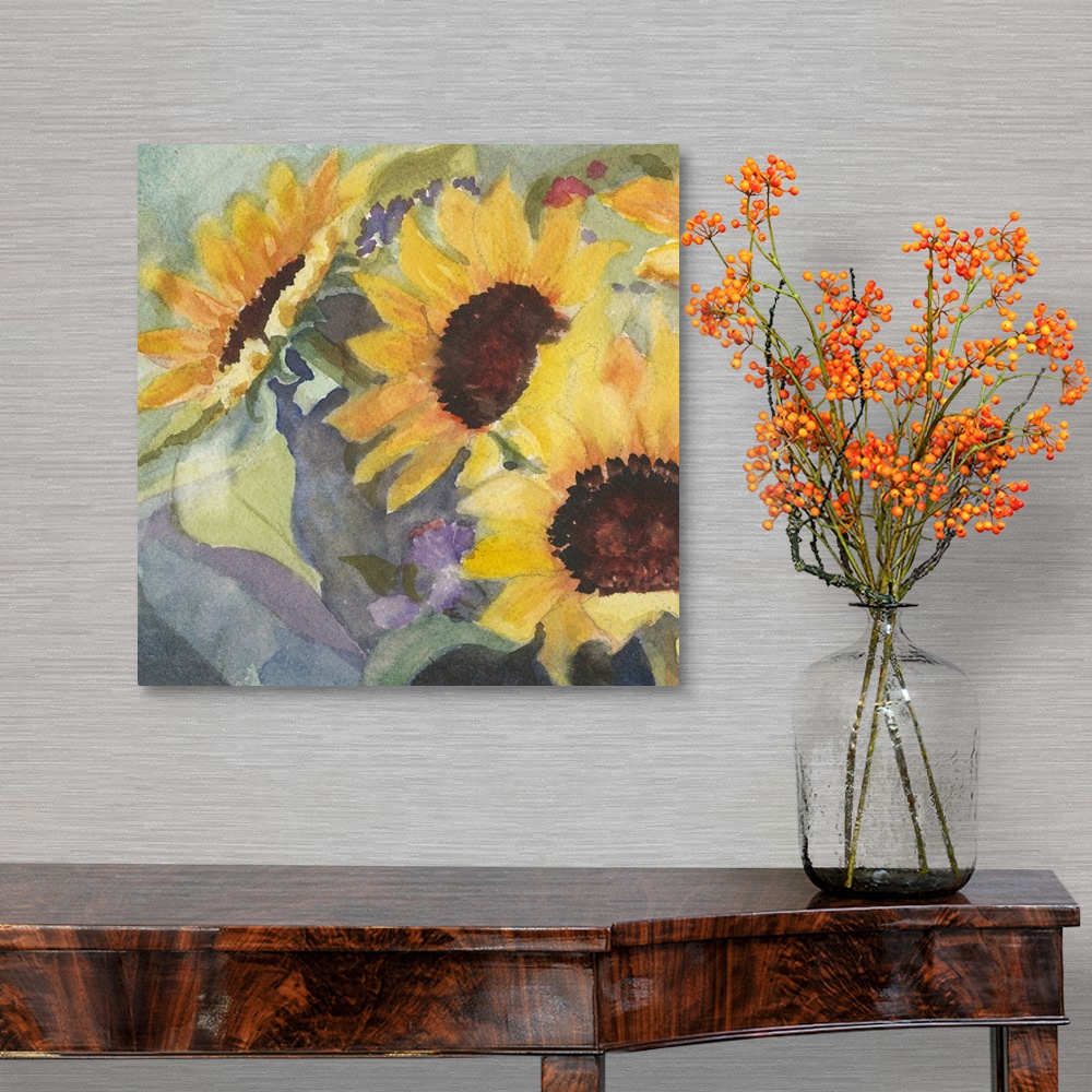 A traditional room featuring Square watercolor painting of large sunflower blooms.