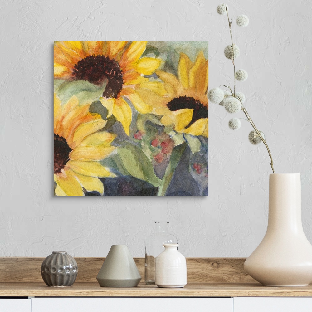 A farmhouse room featuring Square watercolor painting of large sunflower blooms.