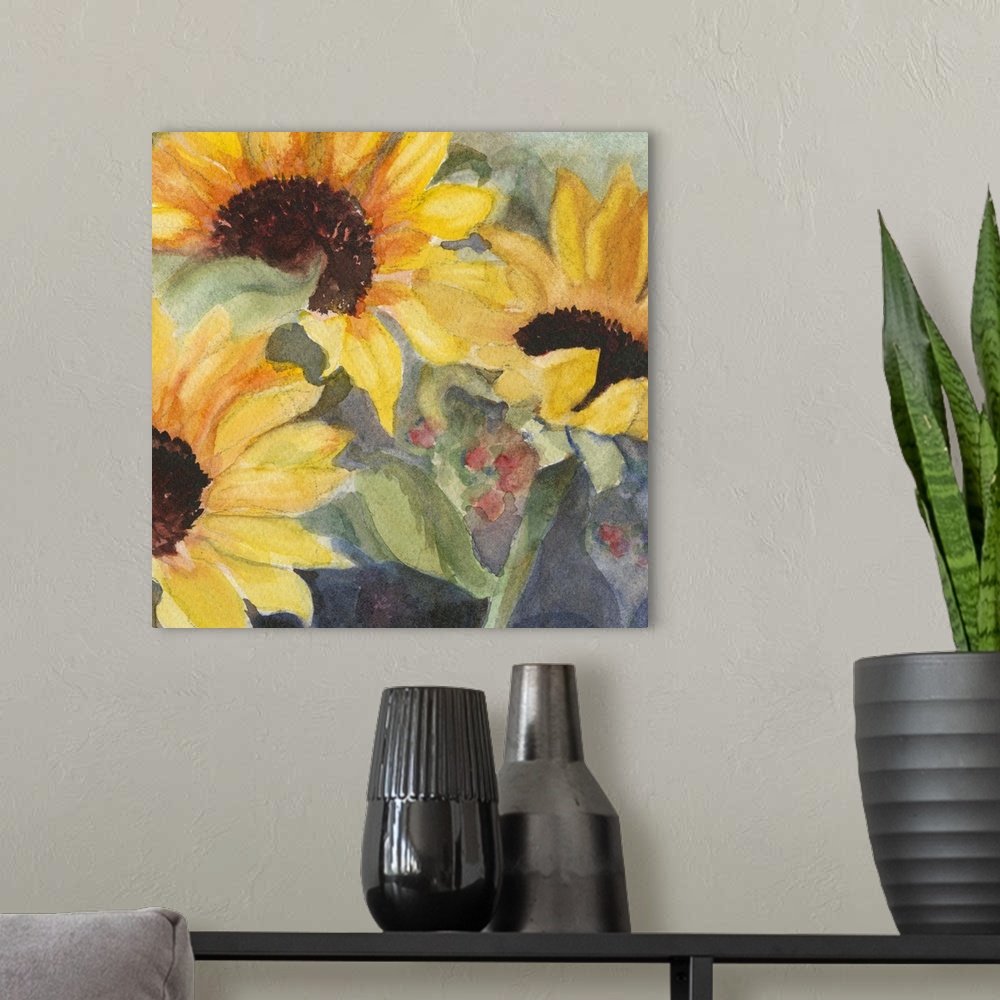 A modern room featuring Square watercolor painting of large sunflower blooms.