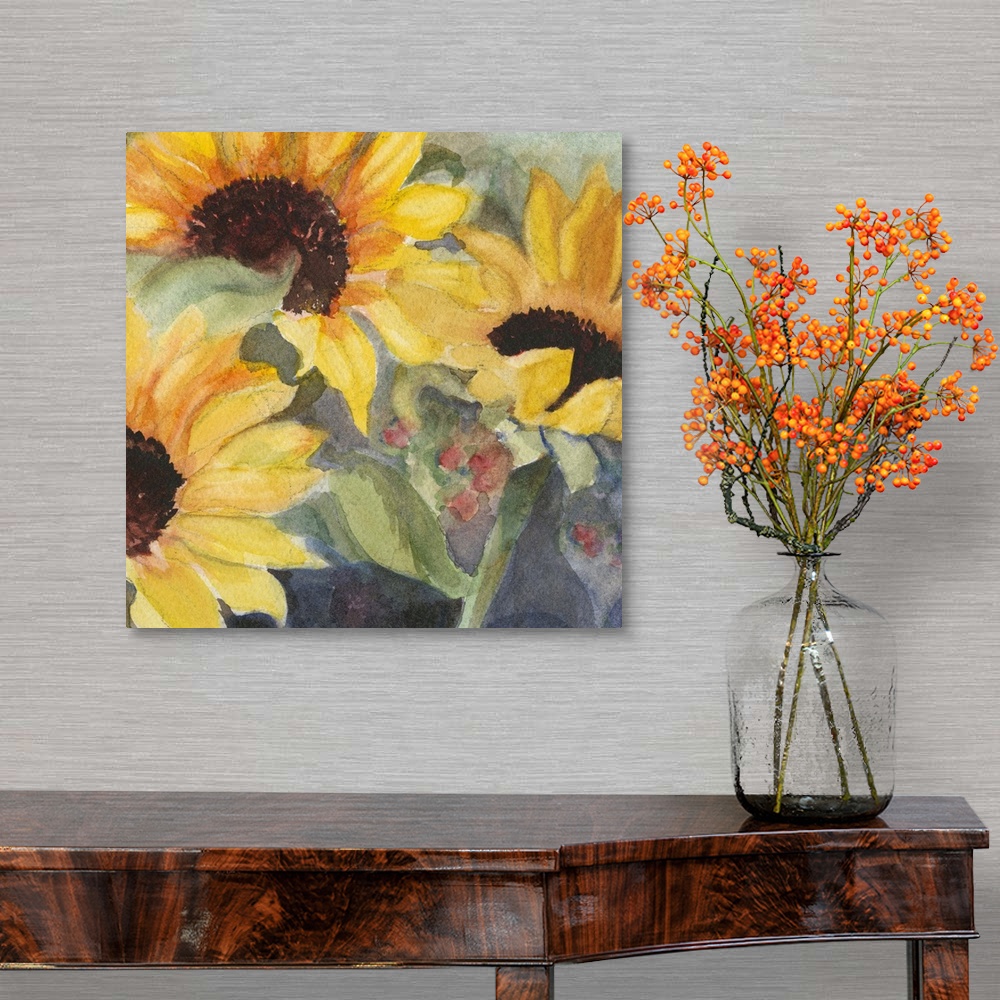A traditional room featuring Square watercolor painting of large sunflower blooms.